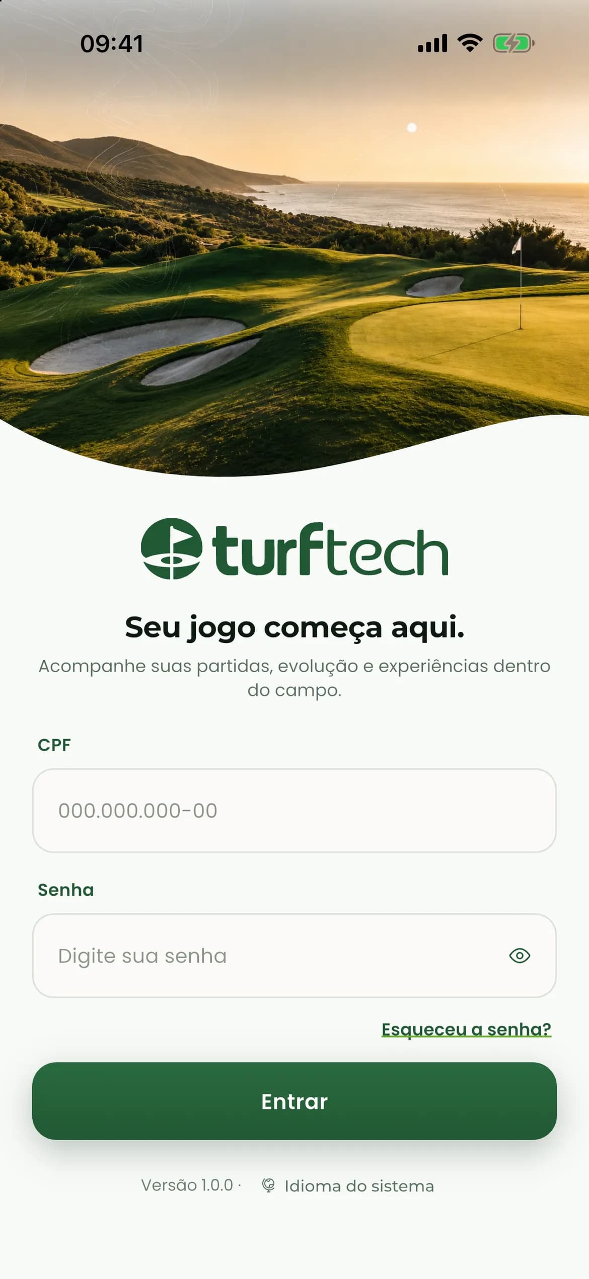 Tela de entrada do aplicativo TurfTech para jogadores